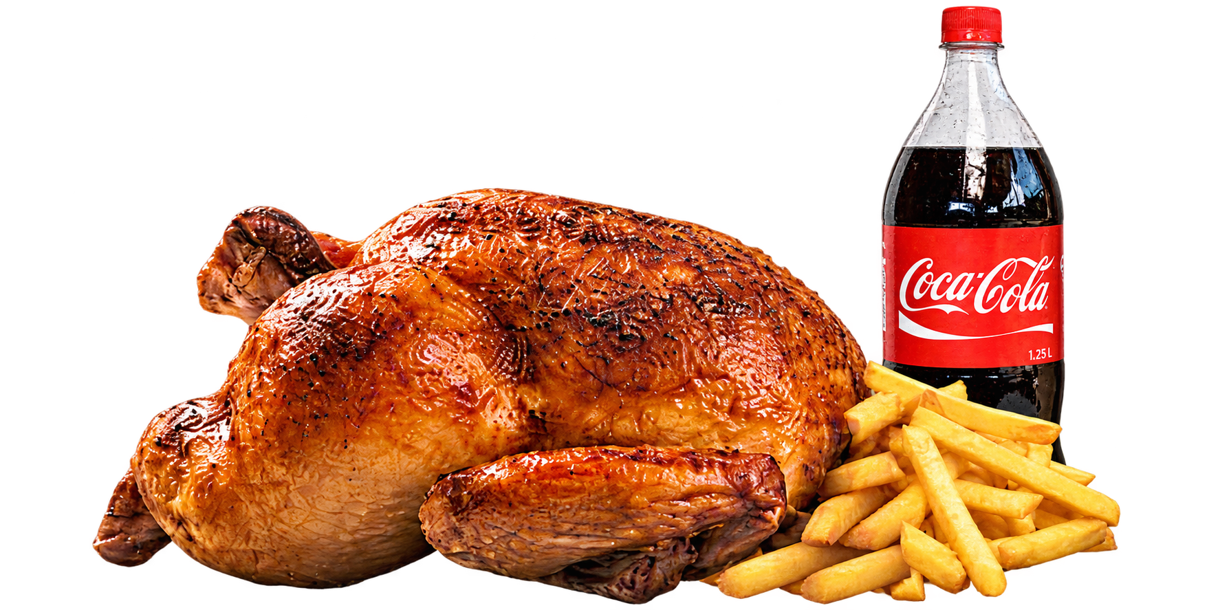 Combo 1: pollo entero asado con su porción de papas fritas y bebida